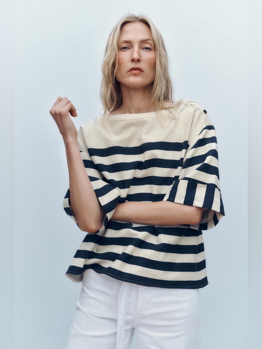 ZARA Striped Boatneck Half-Sleeve Top in Beige and Navy. S NWT